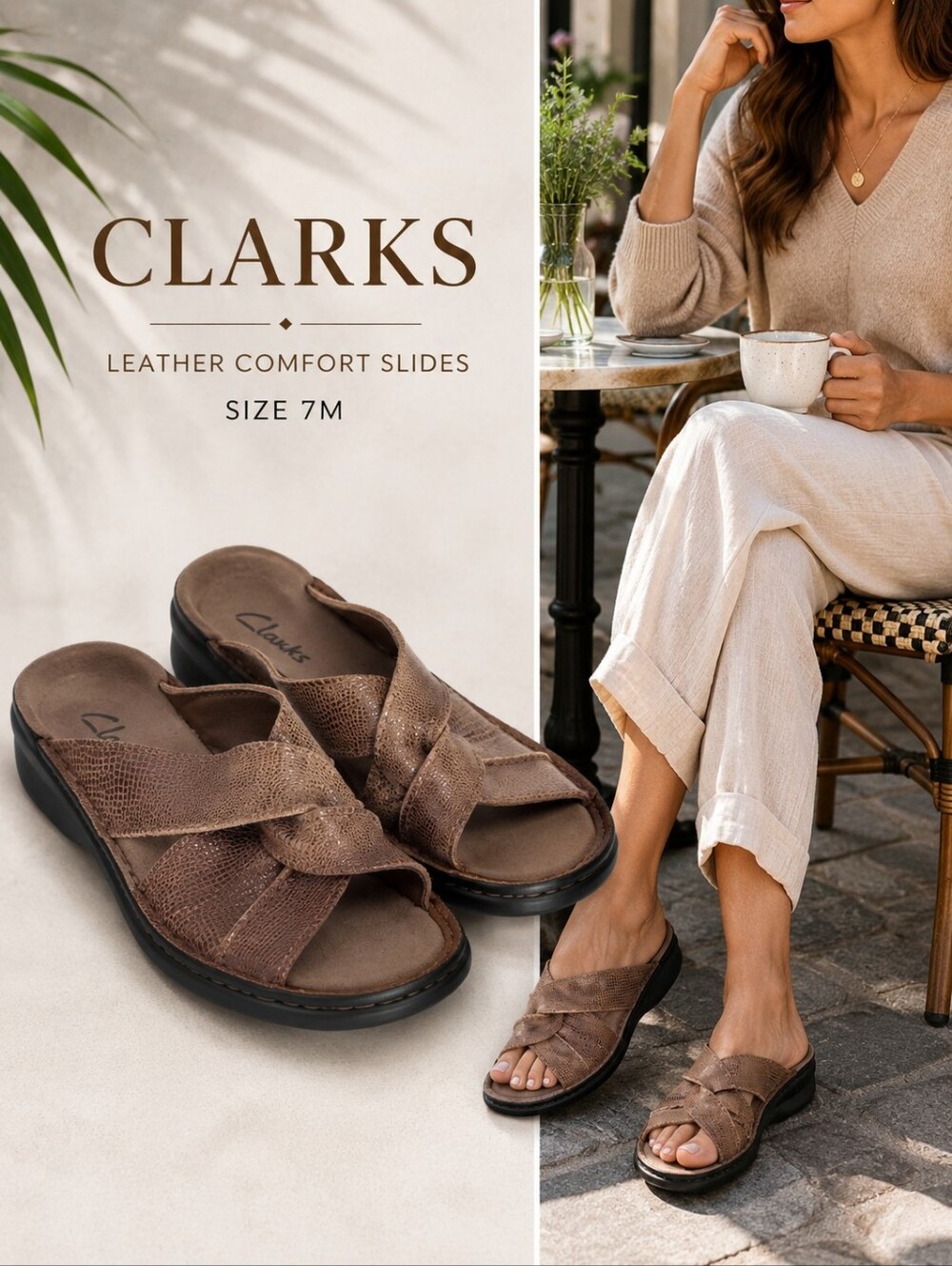 Clarks Leather Slide Sandals 7M Brown Metallic Lizard Comfort Boho Casual